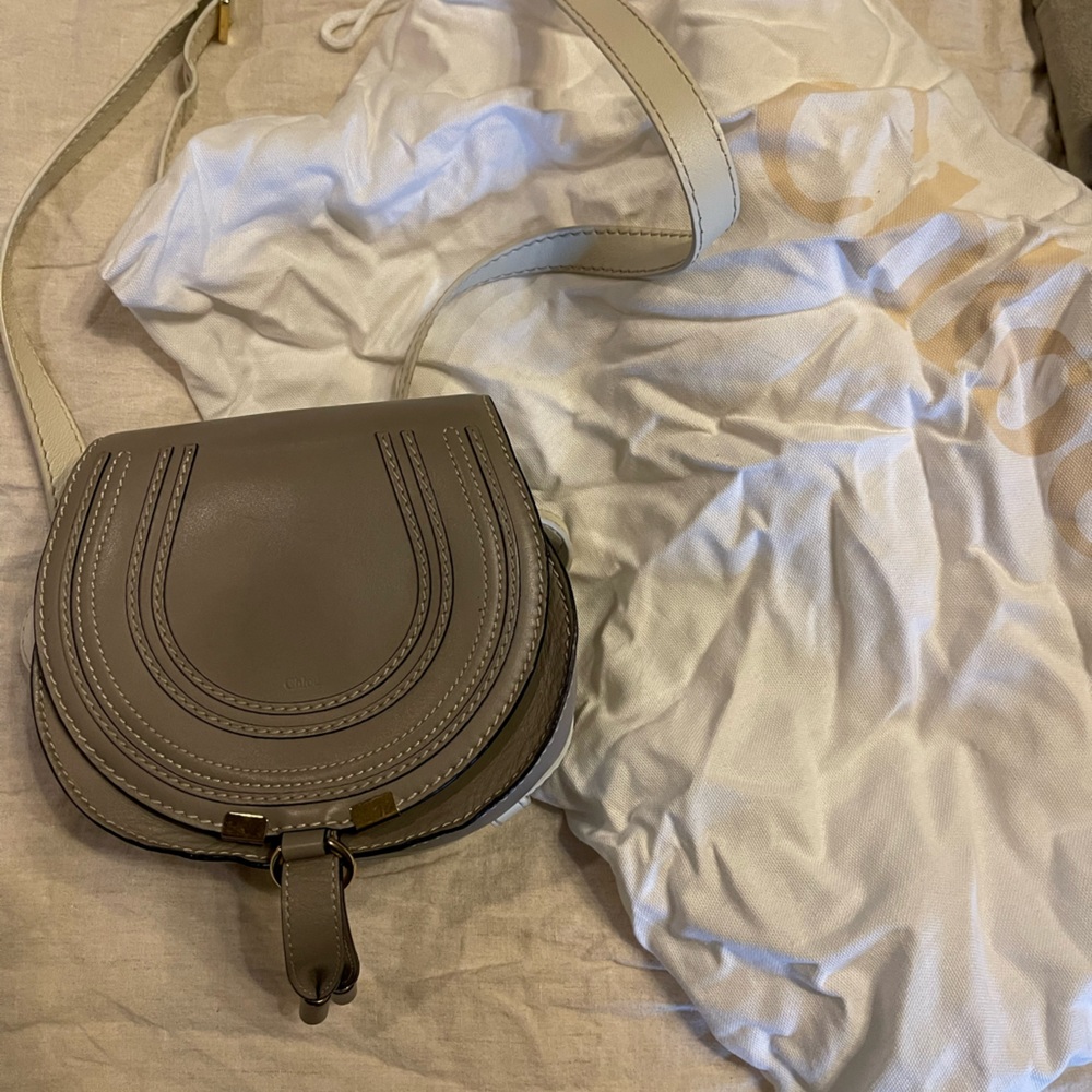 Chloe Marcie Small Saddle Bag Taupe and White Retail $1450